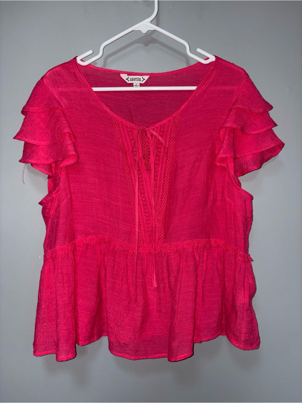 Nanette Lepore Fuchsia Pink Ruffle Sleeve Flowy Peasant Top Tie-Neck Size XL